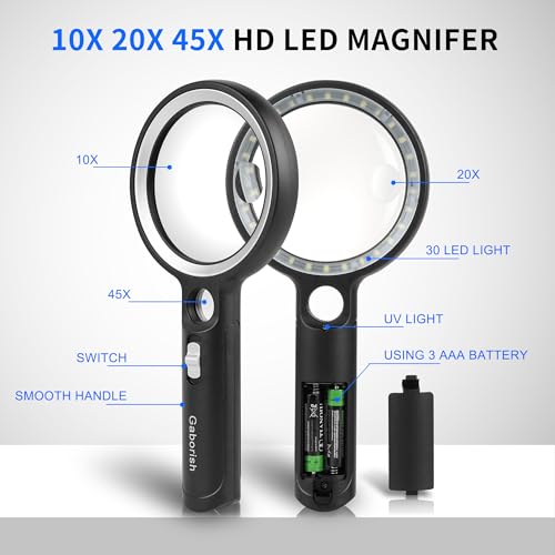 Magnifying Glass with 30 LED Lights, 10X 20X 45X Handheld Illuminated - color: Black & Silver