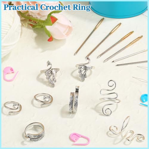 8 Pcs Crochet Ring, Adjustable Crochet Ring for Finger, Tension Rings - color: Silver - 8 Pcs