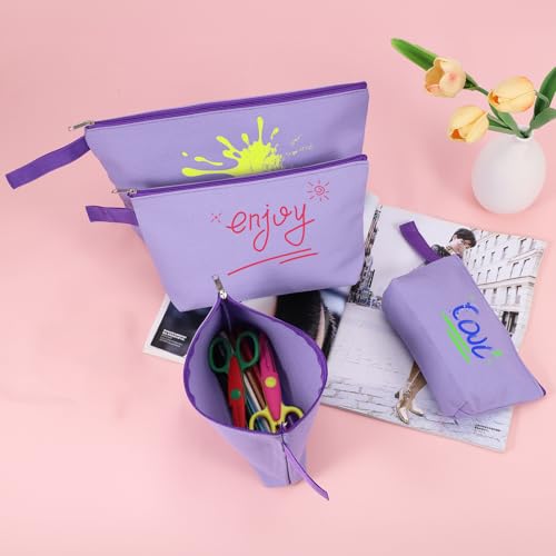 10 Pieces Cotton Canvas Makeup Bag with Bottom and Strap, Multi-Purpose Cosmetic Bag with Zipper Travel Toiletry Pouch, Blank DIY Craft Bag (Purple, M) - color: Purple, size: M