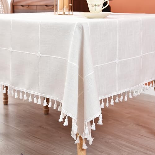 Plaid Farmhouse Tablecloth Checkered Cotton Linen Heavy Weight Table Covers Square 70x70 Inch - color: Off-white, size: 70" x 70" (Square)
