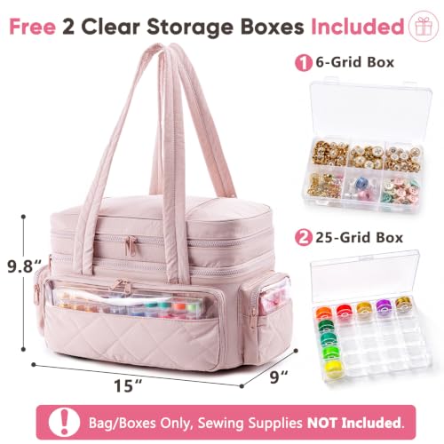 AMOIGEE Puffy Double-Layer Sewing Storage Bag with 2 Clear Organizer Boxes - color: Pink
