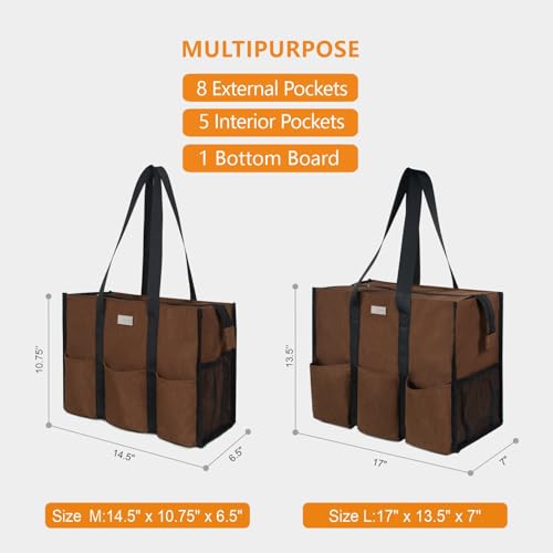 TOPDesign Utility Water Resistant Tote Bag with 13 Pockets, Zipper Closure - color: Brown, size: Large