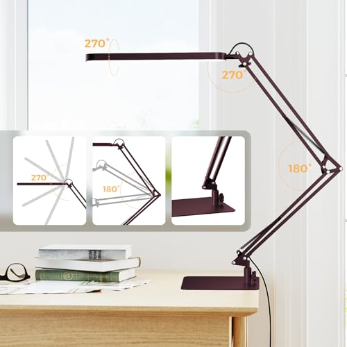 SKYLEO LED Desk Lamp with Slim Base - Adjustable Swing Arm Desk Light, Dimmable, Timer, Eye Protection, Memory Function, 1300LM, 12W, Red - style: Red swing arm with Base