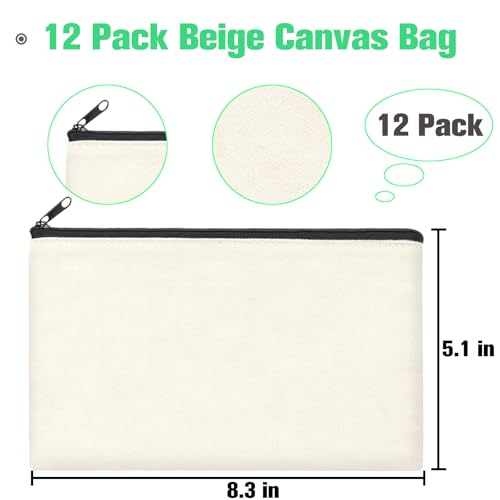 ZeeDix Small Canvas Zipper Pouch for Makeup Pencil Travel Storage 8.3x5 In - color: Beige, style: 12 Pcs