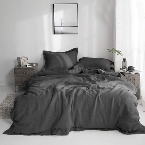 Simple&Opulence 100% Linen Duvet Cover Set with Embroidery Border Washed - 2 Pieces (1 Duvet Cover & 1 Pillow Sham) with Button Closure Soft Breathable Farmhouse - Dark Grey, Twin Size - color: Dark Grey, size: Twin
