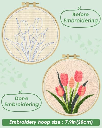 ERKOON Punch Needle Kit Beginners Adults, DIY Easy Flower Embroidery Set for Starter Art Craft, Needling Punching Project with Patterns, Tools, Yarns, Hoop, Instruction (Tulips) - color: Tulips