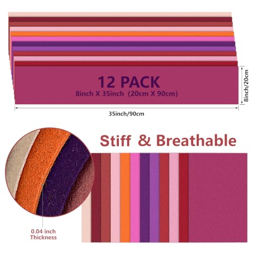 12 Rolls 8"x35" Large Stiff Felt Sheets, 1mm Felt Fabric Sheet for Crafts - color: Red Series