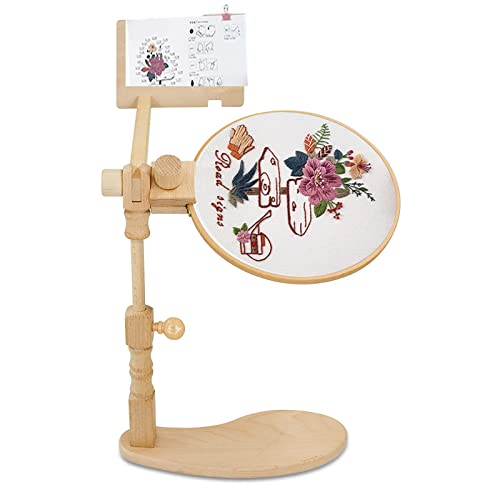 Hinourisha Adjustable Embroidery Hoop Stand, Rotated Cross Stitch Stand Lap, Beech Wood Embroidery Hoop Holder with Pattern Splint, Hands Free Embroidery Frame Stand for Art Craft Sewing#013