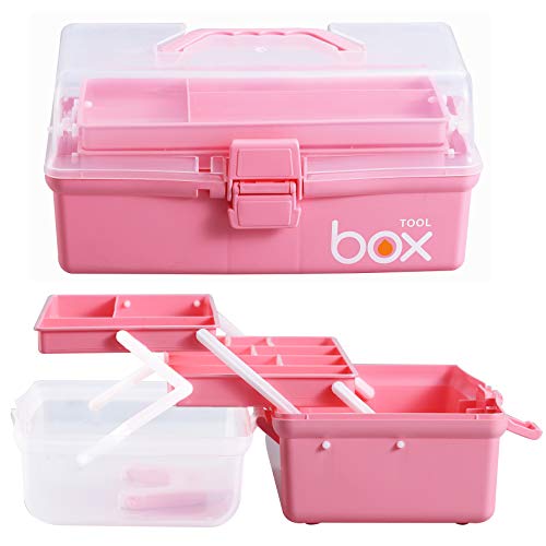 Kinsorcai 12'' Three-Layer Clear Plastic Storage Box with Handle, Craft Tool Box, 3 Layer Pink Tackle Box for Women, Organizer Box for Sewing Art and Cosmetic (Pink) - color: pink, size: 1PCS