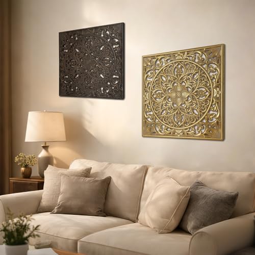 XIAOAIKA Boho Carved Wood Wall Art Panel, Floral Mandala, Distressed Gold - color: Distressed Gold