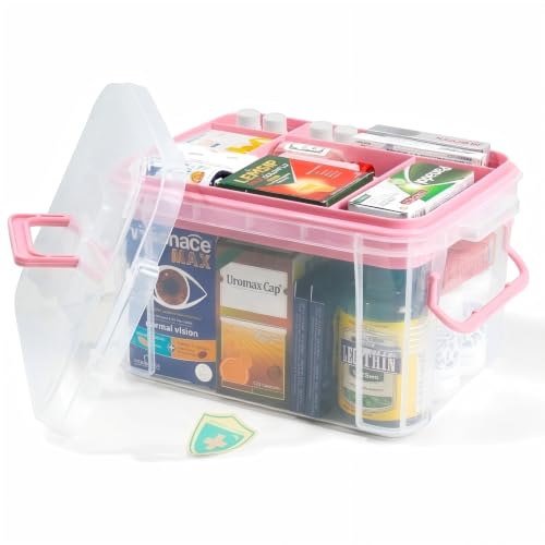2-Tier Medicine Organizer - Plastic Portable Storage Box with Handle Pink - color: Pink