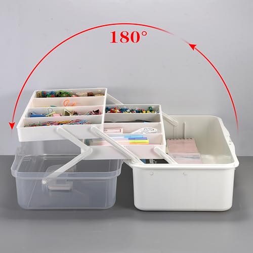 Tackle Box, 16-Inch Extra Large Art Storage Box with 3-Layer Folding Trays - color: White