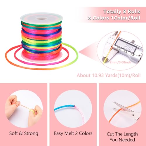 8 Rolls Satin Nylon Trim Cords 2mm Silk Cord Beading String 8 Colors Satin Rattail Cord Macrame Cords Bracelet String for Kumihimo Lanyards Jewelry Keychain Making - color: 8 Colors