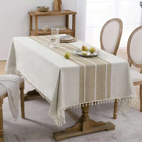 Softalker Fall Linen Square Tablecloth with Tassel, 55 x 55 Inch - color: Coffee Lines, size: 55" x 55" (Square)