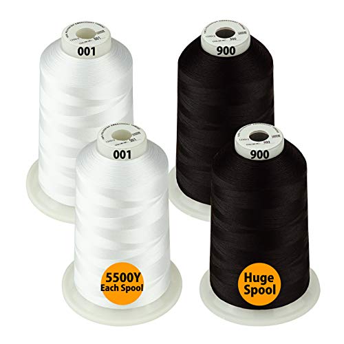 Simthread - 33 Selections - Various Assorted Color Packs of Polyester Embroidery Machine Thread Huge Spool 5500Y for All Purpose Sewing Embroidery Machines - 2White+2Black - color: 2 White + 2 Black