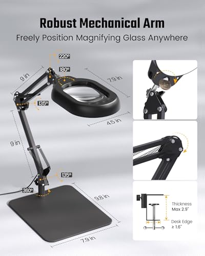 Square Magnifying Desk Lamp, Magnifying Glass with Light and Stand