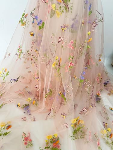 Elegant White Lace Fabric Tulle Fabric by Yard Colorful Floral Embroidery, 35x51in - Soft Tulle for DIY Dresses & Wedding Gowns, Hand Wash Only (Pink, 1 Yard（35x51in）) - color: Pink, size: 1 yard（35x51in）
