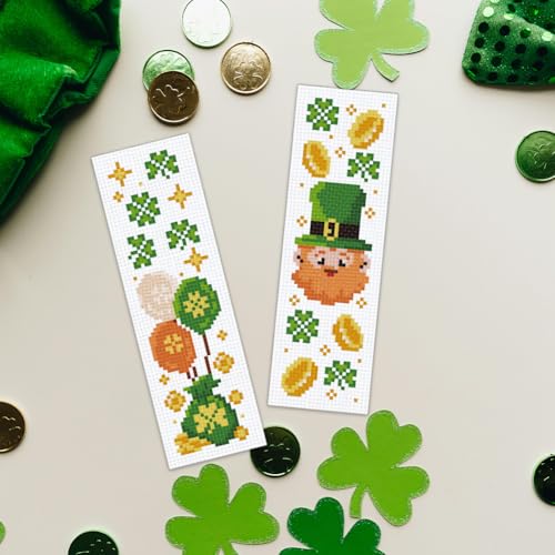 BEUNITONE 6 Pcs Bookmarks Cross Stitch Kits for Adults Beginner St. Patrick's Day Themed Stitch Bookmark Cross Stitch Kits for Beginners Good Luck Embroidery Kits Bookmark Kit for Book Lover 8''x2.4'' - style: St. Patrick's