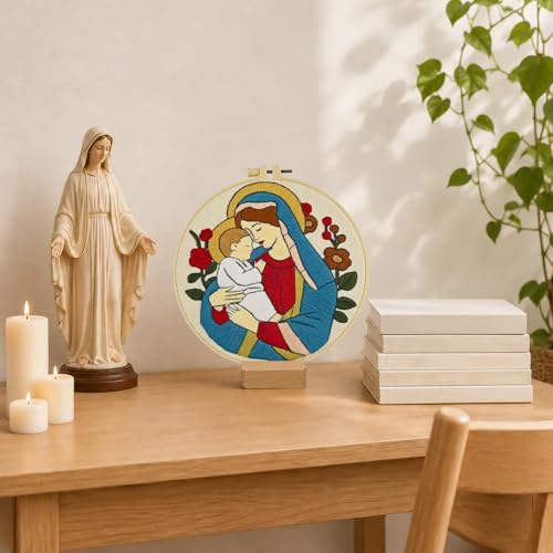 Christian Embroidery Kit for Beginners Adults, Virgin Mary Easy Cross Stitch Kit Jesus and The Holy Mother Mary Pattern Embroidery Starter Kits with Wooden Hoop Needles Threads and Instruction - color: Virgin Mary