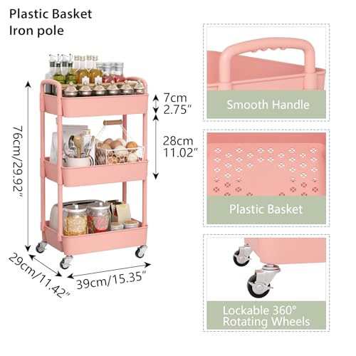 Sywhitta 3-Tier Plastic Rolling Utility Cart with Wheels for Storage, Pink - color: Pink, size: 3-tier