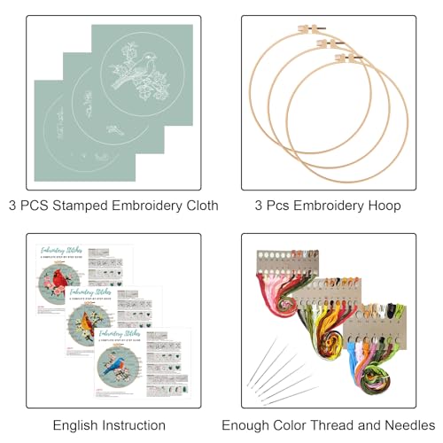 Louise Maelys 3 Set Colorful Bird Embroidery Kit for Beginners Gift - color: Animals-6