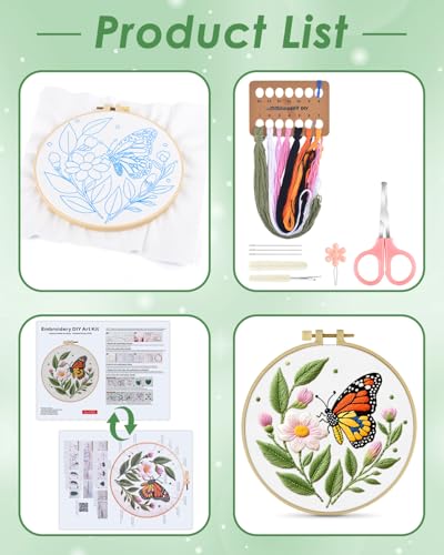 ERKOON Embroidery Kit for Beginners Adult, Flower Cross Stitch Set Include Embroidery Cloth Hoops Threads for Craft Lover Hand Stitch with Embroidery Skill Techniques (Butterfly) - color: Butterfly