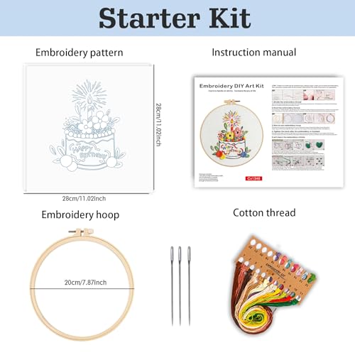 spicssa Embroidery Kit for Beginners, Hand Needlepoint Kits for Adults with Pre-Stamped Patterns, 7.8-Inch Hoop, Threads & Needles, Step by Step Instructions - color: Cake C