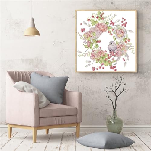 ITSTITCH Stamped Cross Stitch Kits - Full Set of Embroidery for Beginners or Adults,14 CT 2 Strands DIY Birdie Rose Wreath Patterns Counted Arts Craft 15.3×15.7 inch - color: Birdie Rose Wreath