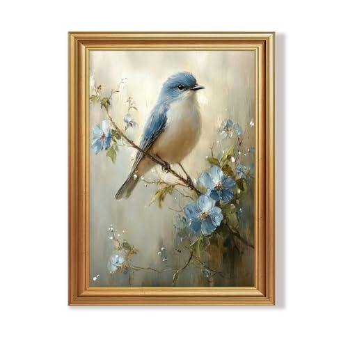 Wojuin Framed Vintage Blue Bird Floral on Branch Canvas Wall Art 12x16 inch - color: Bird, size: 16"L x 12"W