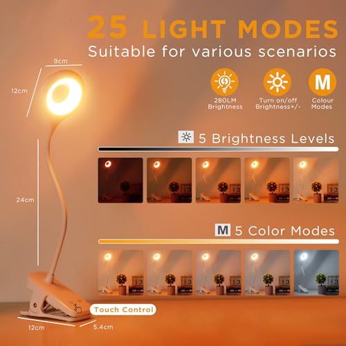 Akynite Clip on Light LED Desk Lamp 5 Brightness+5 Colors Rechargeable Lamp - color: White
