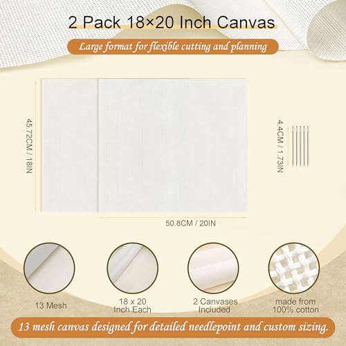 Kaitiaki 13 Mesh Needlepoint Canvas 20 x 18 Inch, 2 Pack 100% Cotton 13CT Blank White Sheets with 5 Needles, No-Fold Rolled Refill Pack for DIY Needlepoint Embroidery Crafts - color: White 13mesh-20x18 in