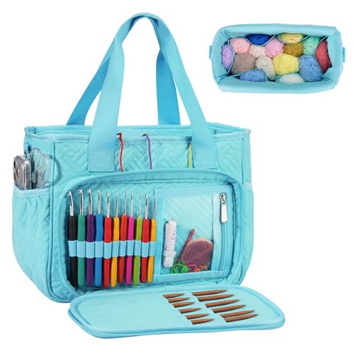Dadanism Crochet Bag Organizer, Yarn Bag with Handle & Shoulder Strap - color: Blue