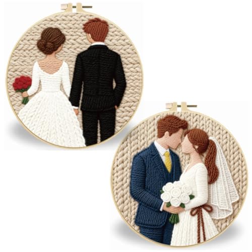 BEUNITONE 2 Pcs Sweet Couple Wedding Punch Needle Kits for Adults Beginner - color: 13-Wedding