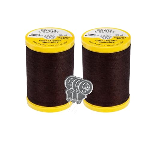 Coats & Clark Cotton All Purpose Sewing Thread 100% Mercerized Cotton 225 Yards Each Spool S970 2 Pack Bundle with 3 Bella's Crafts Needle Threaders (Chona Brown) - color: Chona Brown
