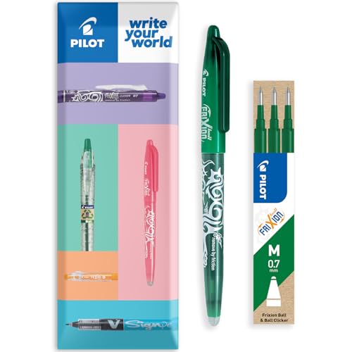 Pilot Frixion Heat/Friction Erasable Rollerball Pen FR7 - Medium Line 0.7mm Tip Nib - Pillow Pack of 1 Pen + 3 Refills (Green) - color: Green