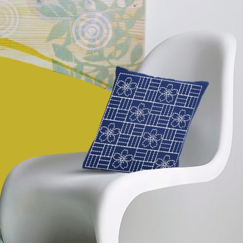 WEBEEDY DIY Sashiko Pillowcase Template Set for Traditional Japanese Sashiko Pattern Fabric Pillowcase Embroidery Kit Stitching Sashiko with Video Instructions for Home Sofa Decor, 15.7x15.7inch
