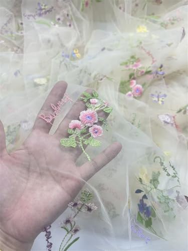 Elegant White Lace Fabric Tulle Fabric by Yard Colorful Floral Embroidery, 35x51in - Soft Tulle for DIY Dresses & Wedding Gowns, Hand Wash Only (Apricot, 3 Yard（105 x51in）) - color: Apricot, size: 3 yard（105 x51in）
