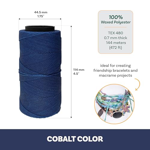 The Beadsmith Knot It Waxed Polyester Cord – Cobalt Color – 0.7mm Diameter – Light Wax, 144 Meters (472 Feet) Per Spool – Make Jewelry, Macrame, Friendship Bracelets and DIY Crafts - color: Cobalt