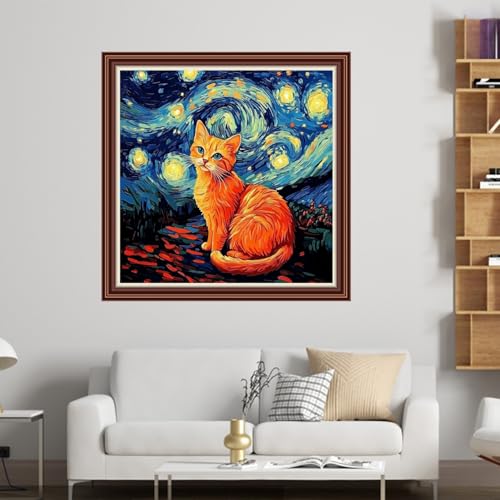 Dimensean Counted Cross Stitch Kit for Beginners, 11CT Unprinted Cross-Stitch Kit Easy Patterns Needlepoint Kit Cross Stitching Embroidery Kit Supplies-Cat Watching Van Gogh's Starry Sky 18x18 inch - color: Patterns19