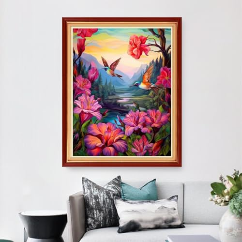 Dimensean Stamped Cross Stitch Kits Full Range of Embroidery Patterns Starter Kits for Beginners Adult DIY Cross Stitches Needlepoint Kits 11CT-Hummingbird Flowers 16x20 inch - color: Arts kits 08