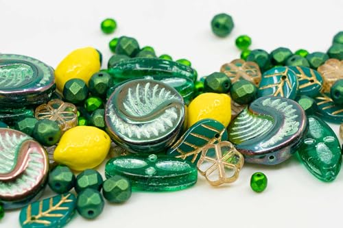 2.1oz (60g) of Focal Czech Glass Bead Mix with Lemon Shaped Beads, Seashel Beads and Leaf Beads, Emerald - color: Green Emerald Mix
