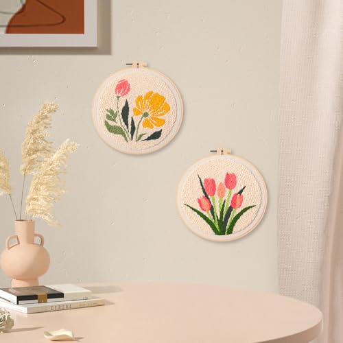 BATHRINS 2PCS Embroidery Punch Needle Kit Beginners Cross Stitch Kits Creative Easy Floral Pattern Hand Crafts with Hoop,Needle,Threads Mothers Day Gifts Crafts & Home Decor