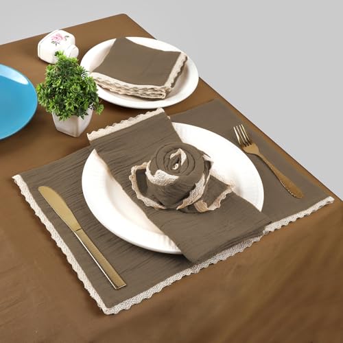 FINGERCRAFT Lace Cloth Napkins, Cotton Gauze, Set of 4, 20x20 in,Warm Taupe - color: Taupe Gauze, size: 20" x 20" (Set of 4)