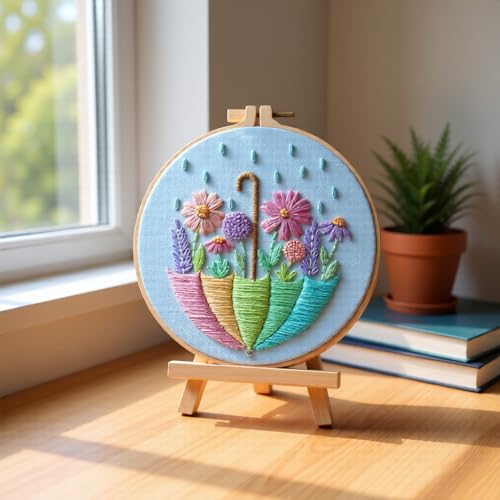 JJFox Embroidery Kit for Beginners and Adults, DIY Hand Embroidery Starter Kit with Cute Pattern, Cross Stitch Needlepoint Set with Hoop, Threads and Instructions (Flower-3) - color: Flower-3