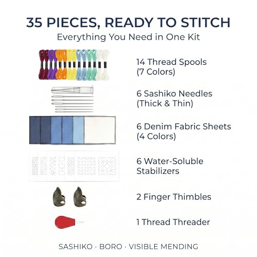 Onism Sashiko Embroidery Kit for Beginners, 7 Colors Thread & Denim Fabric