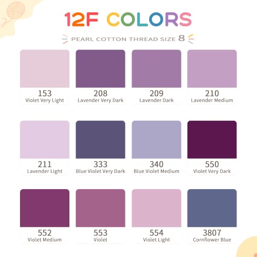 Size 8 Double Mercerized Egyptian Long Staple Cotton Pearl Thread 12 Gradient Colors per Box 5 Grams Ball Rainbow Color Embroidery Thread for Crochet Cross Stitch Hand Embroidery (12F) - color: 12F