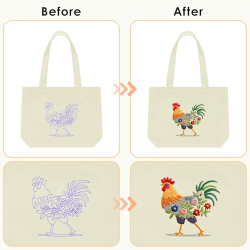 ERKOON Canvas Tote Bag Embroidery Kit for Beginners, Floral Arts Crafts Cross Stitch Kits for Adults Including Stamped Embroidery Bag with Hoops, Needle, Instruction and Color Threads (Rooster) - color: Rooster