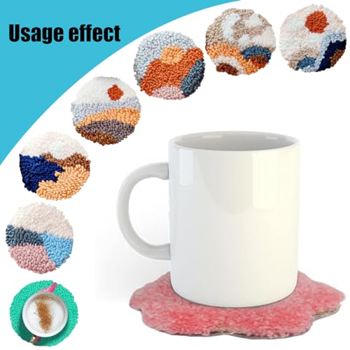 Allazone 6 PCS Punch Needle Coaster Kit with Landscape Patterns Yarns Tools, Felt Embroidery Hoop for DIY Craft - color: Landscape coaster