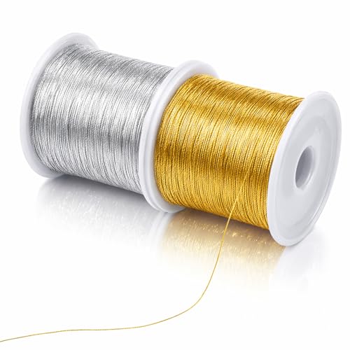 4 Spools 1837 Feet Metallic Thread, 0.2 mm Ornament String Christmas Cording Gold String Silver Craft Strings Tinsel Ribbon Bracelet Strings for Jewelry Making Gift Wrap Craft Making (Gold, Silver)