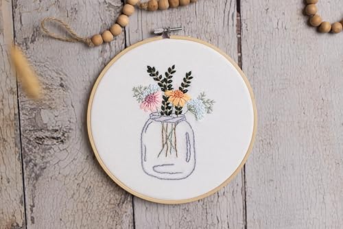 Looples Embroidery Kit for Beginners and Adults with Video Tutorials – DIY Starter Kit with 3 Stamped Floral Patterns, Hoops, Threads, Needles, and Instructions - Cart, Glass Jar, and Flowers - color: Cart, Jar and Flowers